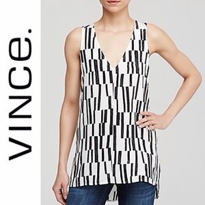 Vince Geometric Print 100% Silk V Neck High Low Sleeves Tunic Tank Top Blouse